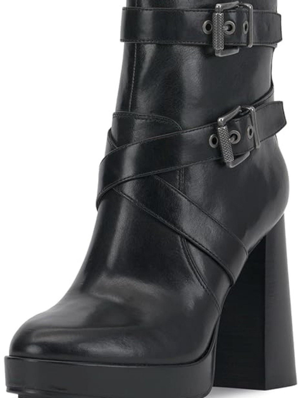 Black Leather Platform Ankle Boot with Buckle Straps